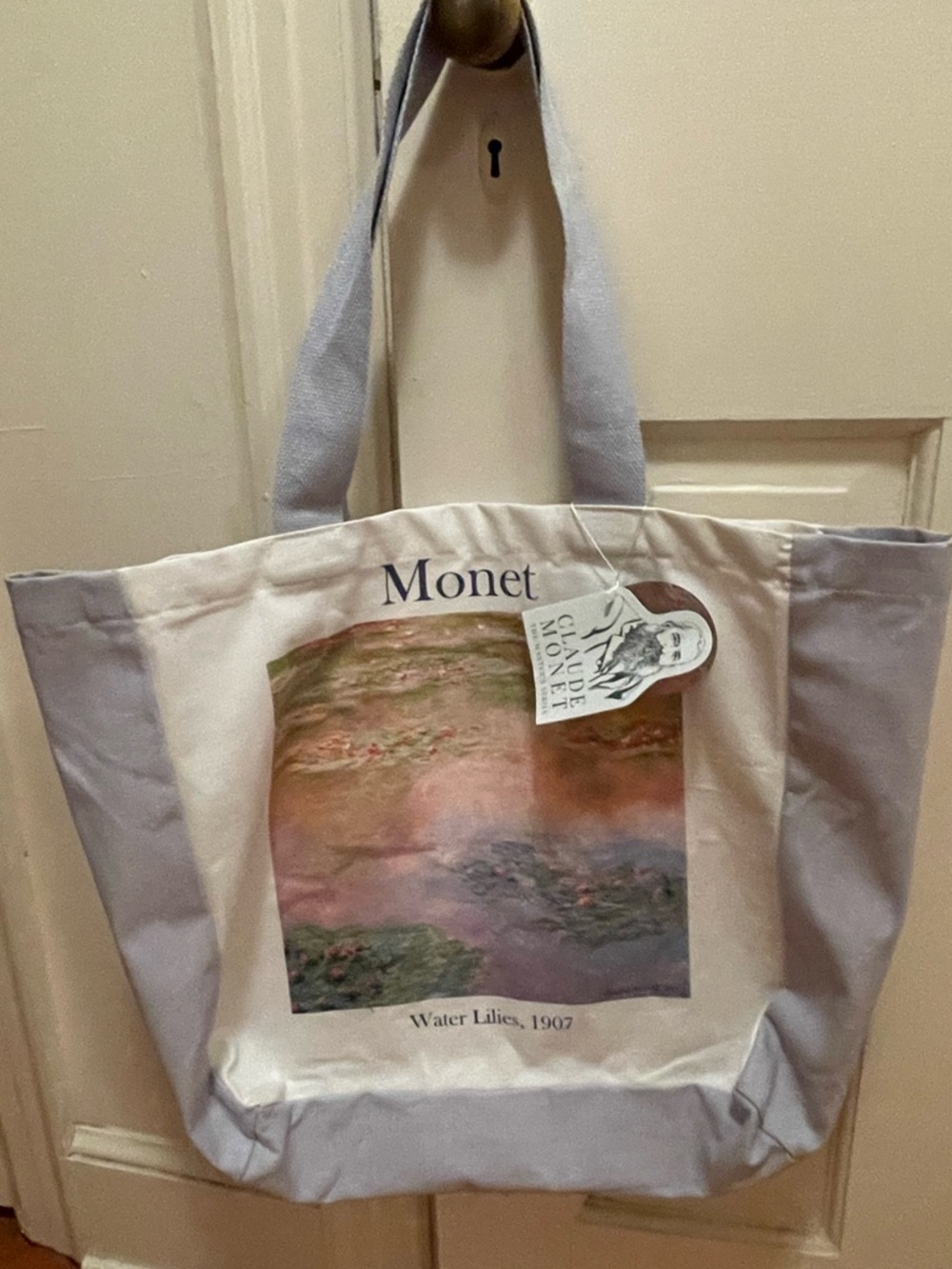 Claude Monet Water Lilies Cotton Reusable Shopping Bag White and Blue Large